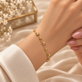 Gold Heart and Ball Charm Bracelet Milgrain Curb Chain