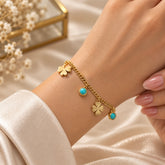 Gold Clover and Turquoise Charm Bracelet Curb Chain