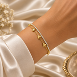 Gold Double Strand Bracelet Crystal Tennis Row Triple Puffy Heart Charm Chain