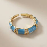 Azure Bamboo Enamel Ring - angled front view showing full bamboo form and pavé crystal connectors