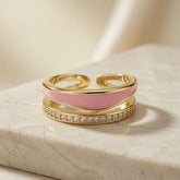 Rose Duo Stack Ring - front view on marble showing pink enamel upper band and pavé crystal lower band