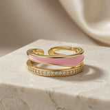 Rose Duo Stack Ring - side angle on marble with silk backdrop showing double band profile