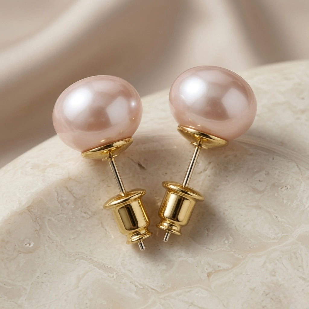 Perle Blush Pearl Stud Earrings - pair on travertine showing blush pearl and gold screw-back fastening detail