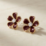 Vigne Crystal Fleur Stud Earrings - pair on marble showing round brilliant crystal centre variant and full five-petal flower profile