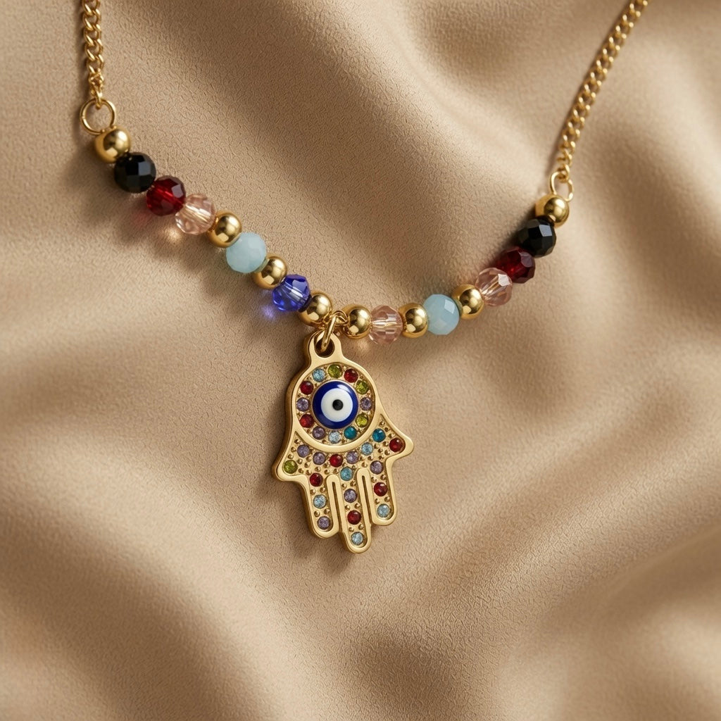 Hamsa Gemstone Layer Necklace Set - macro close-up on taupe silk showing large multicolour pavé Hamsa hand pendant with red, teal, green, champagne and white crystal mosaic and navy blue enamel evil eye at palm centre, with multicolour faceted gemstone beads and gold ball stations on curb chain