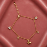 Flora Charm Anklet – Gold-Tone CZ Flower & Fleur-de-Lis