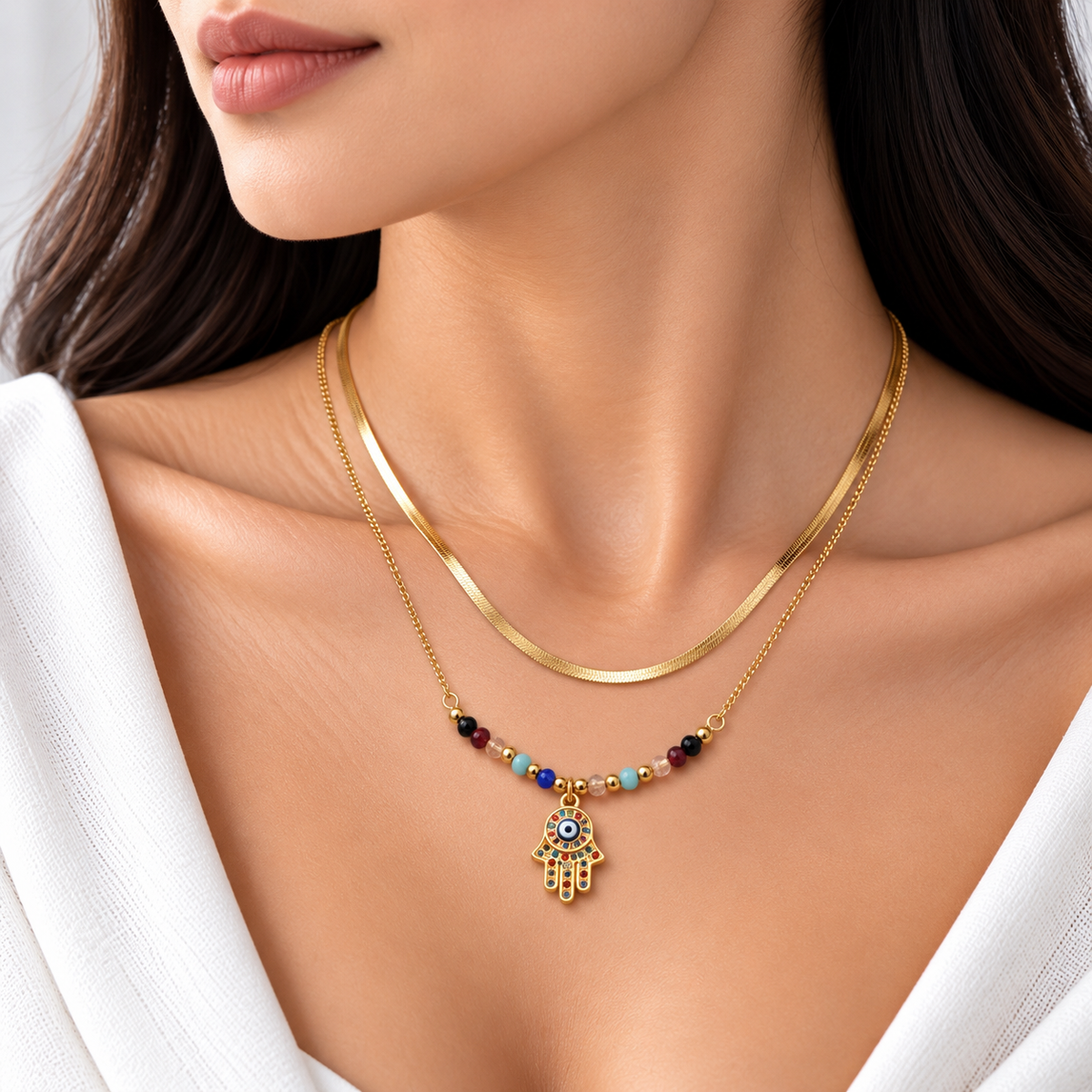 Hamsa Gemstone Layer Necklace Set