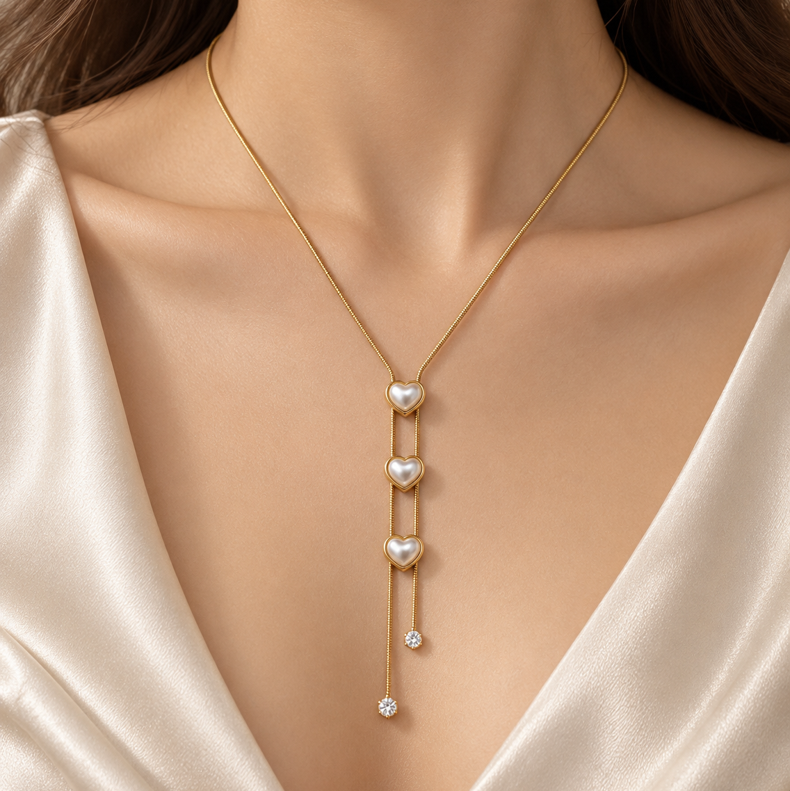 Pearl Heart Lariat Necklace Triple Station Crystal Drop Gold
