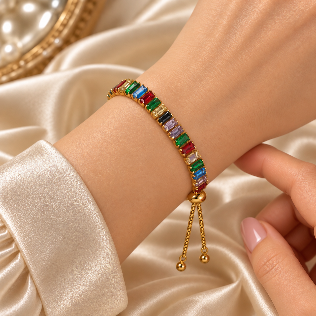Gold-tone adjustable bracelet with multicolour rectangular stones