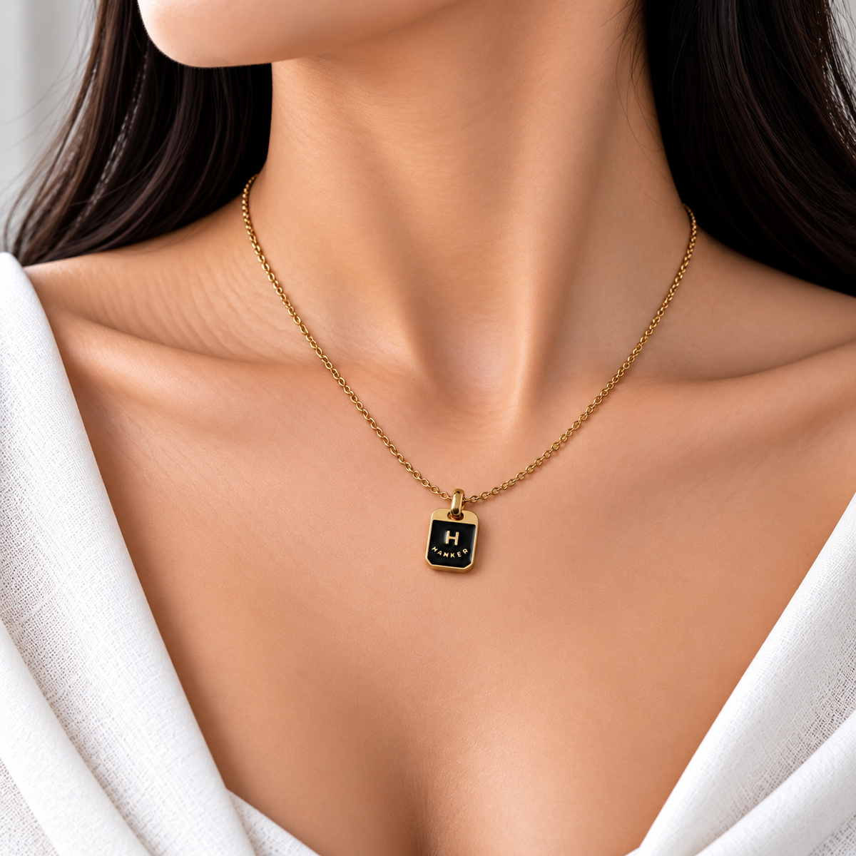 Initial Black Enamel Tag Pendant Necklace