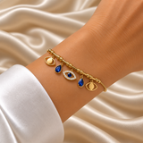 Gold Evil Eye Charm Bracelet Blue Crystal Teardrop Pavé Nazar Snake Chain