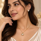 Gold Pearl Jewellery Set Pavé Crystal Interlocking Ring Pendant Necklace Stud Earrings
