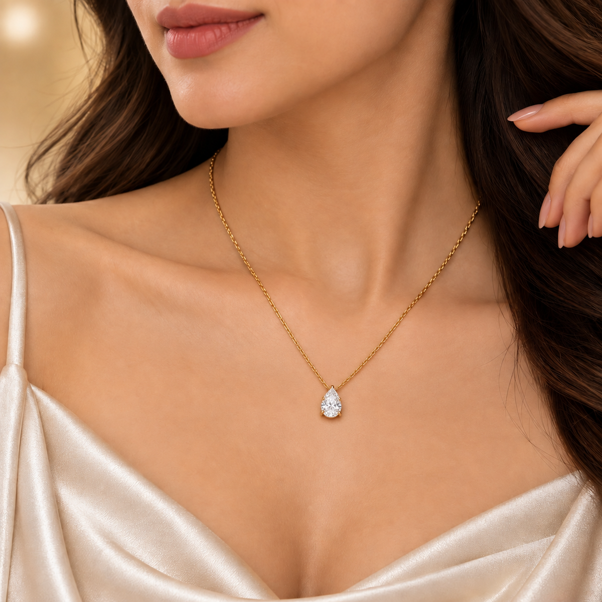 Gold Pear Cut Crystal Solitaire Pendant Necklace Three Claw Fine Cable Chain
