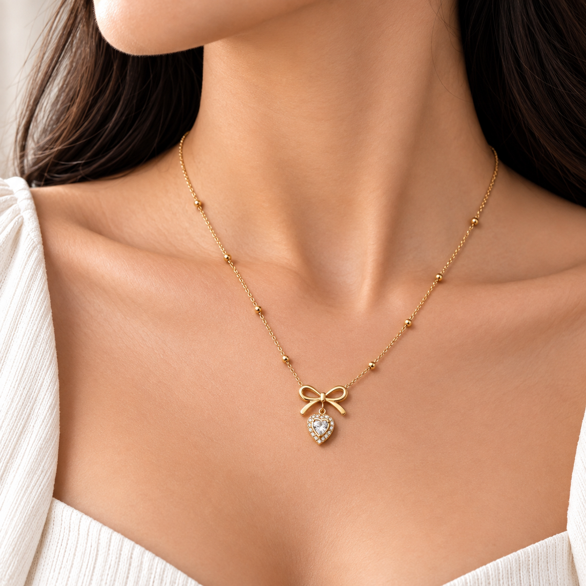 Noeud Coeur Crystal Bow Necklace