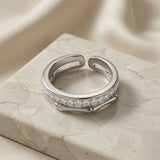 Argent Bamboo Baguette Stack Ring - top-down view on marble showing open back and full band width