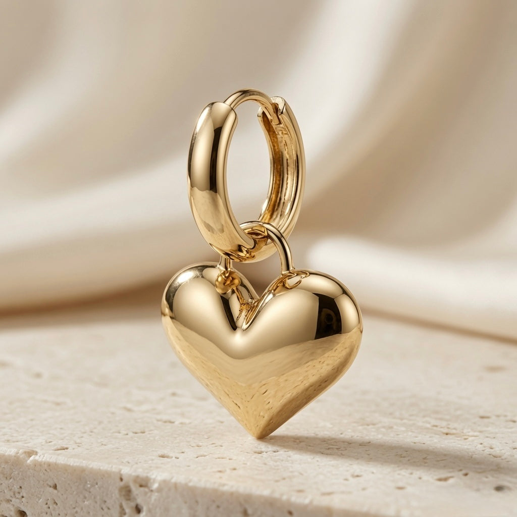 Heart & Evil Eye Mismatched Hoop Earrings - puffy heart charm close-up on travertine