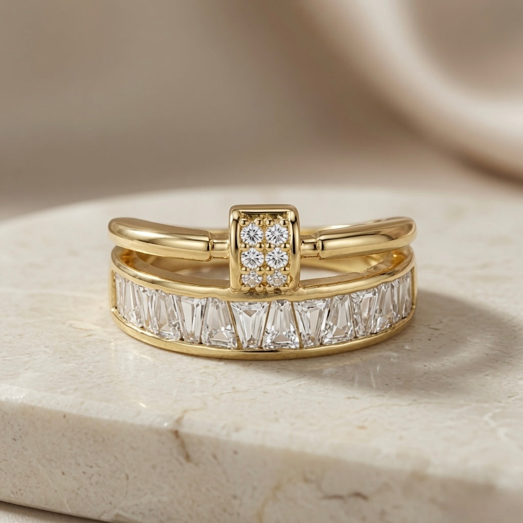Or Baguette Clasp Stack Ring - front view on marble showing pavé clasp centrepiece and baguette crystal lower band