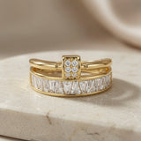 Or Baguette Clasp Stack Ring - front view on marble showing pavé clasp centrepiece and baguette crystal lower band