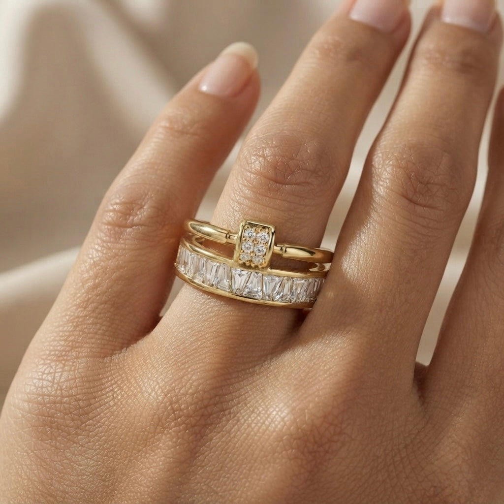 Or Baguette Clasp Stack Ring - worn on model hand showing scale, presence and warm gold tone against fair skin