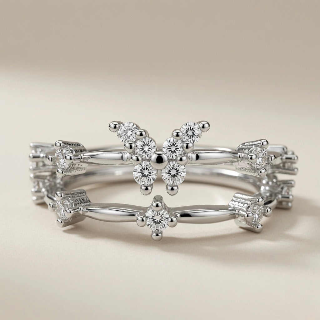 Crystal Butterfly Double Band Ring - top view showing butterfly centrepiece