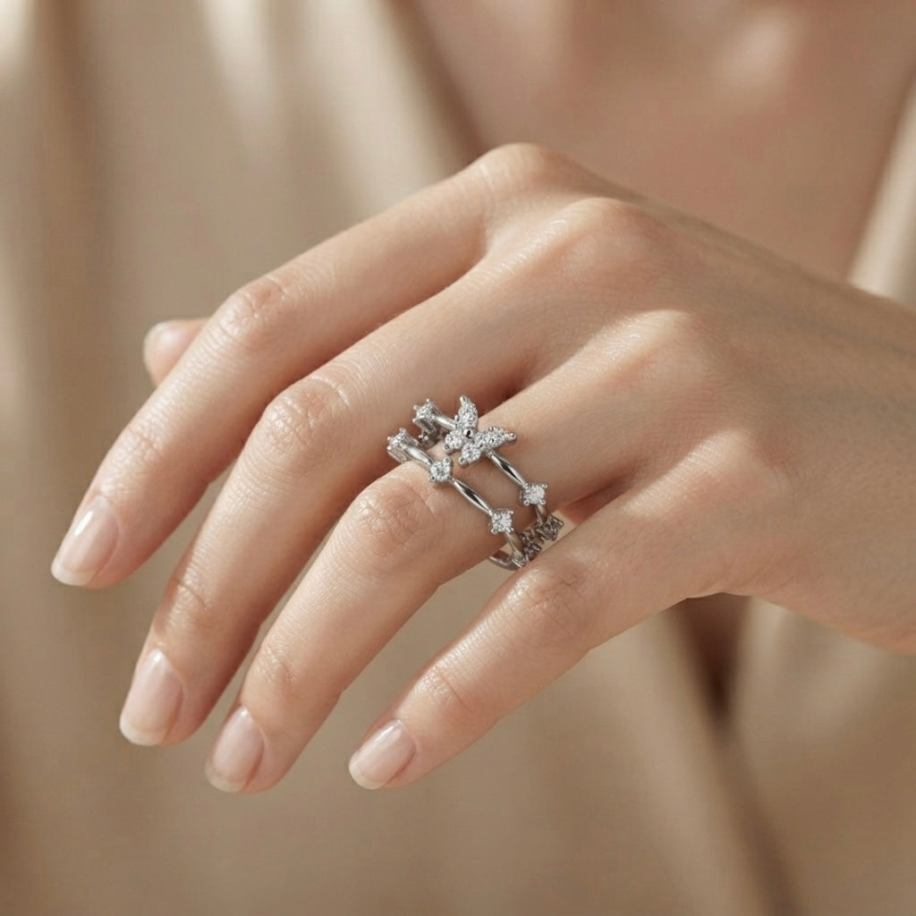 Crystal Butterfly Double Band Ring - worn on fair skin model hand