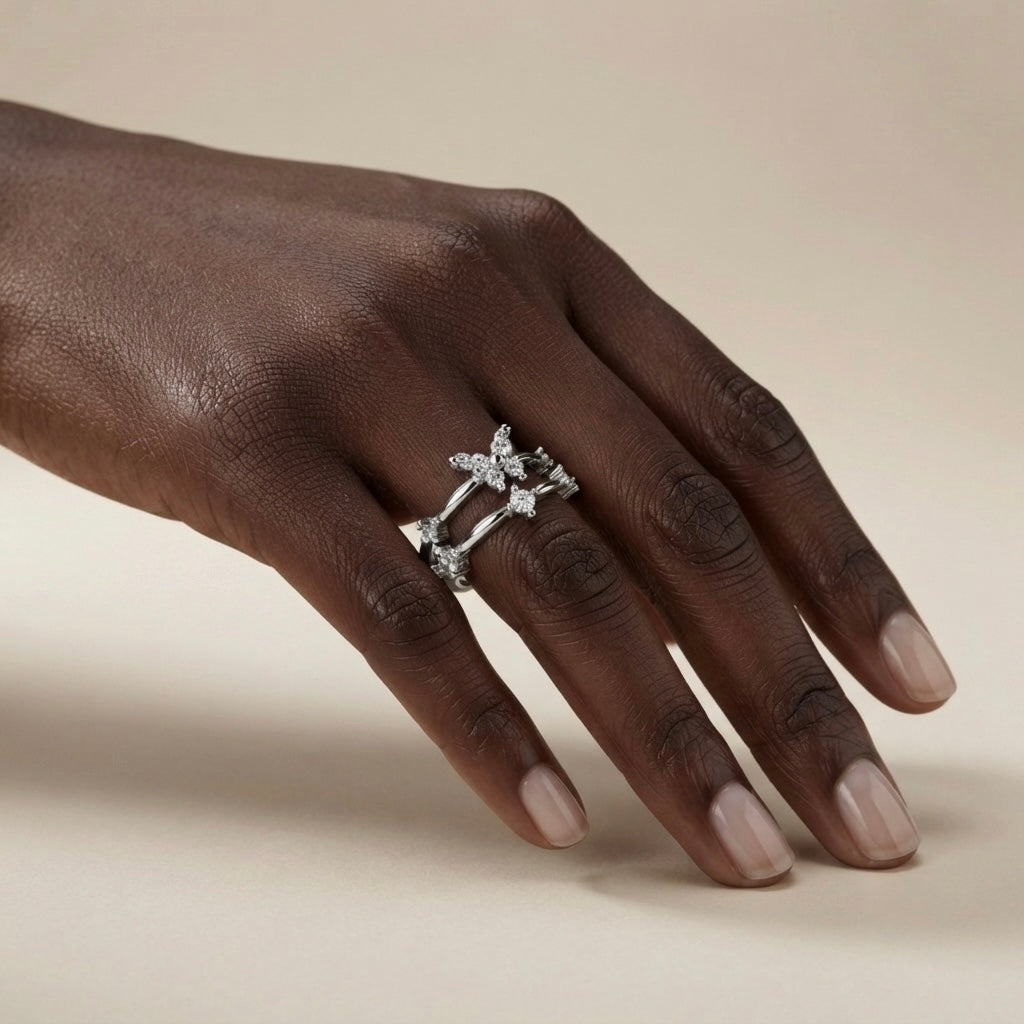 Crystal Butterfly Double Band Ring - worn on dark skin model hand
