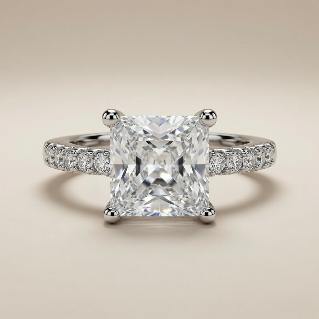 Princess Cut Pavé Solitaire Ring - front view showing princess cut centre stone