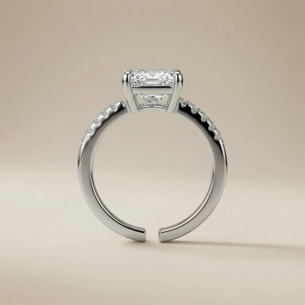 Princess Cut Pavé Solitaire Ring - side profile showing open back band