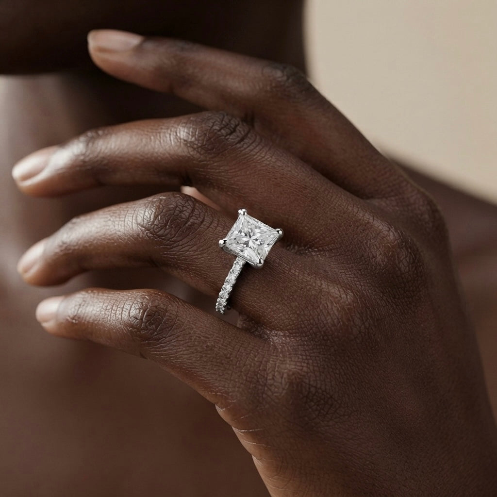 Princess Cut Pavé Solitaire Ring - worn on dark skin model hand
