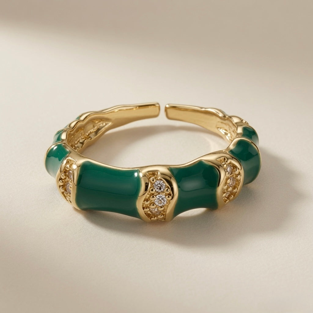 Vert Bamboo Enamel Ring - angled front view showing green enamel and gold detail