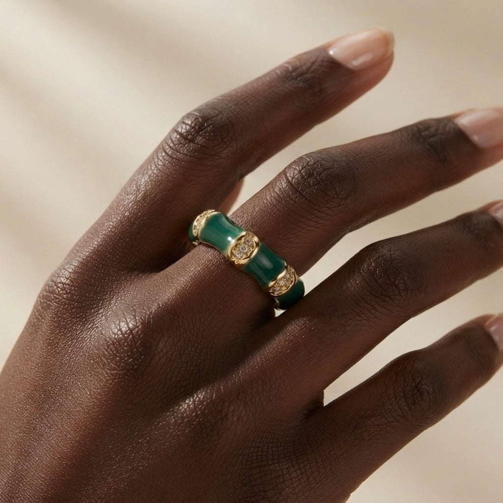 Vert Bamboo Enamel Ring - worn on dark skin model hand
