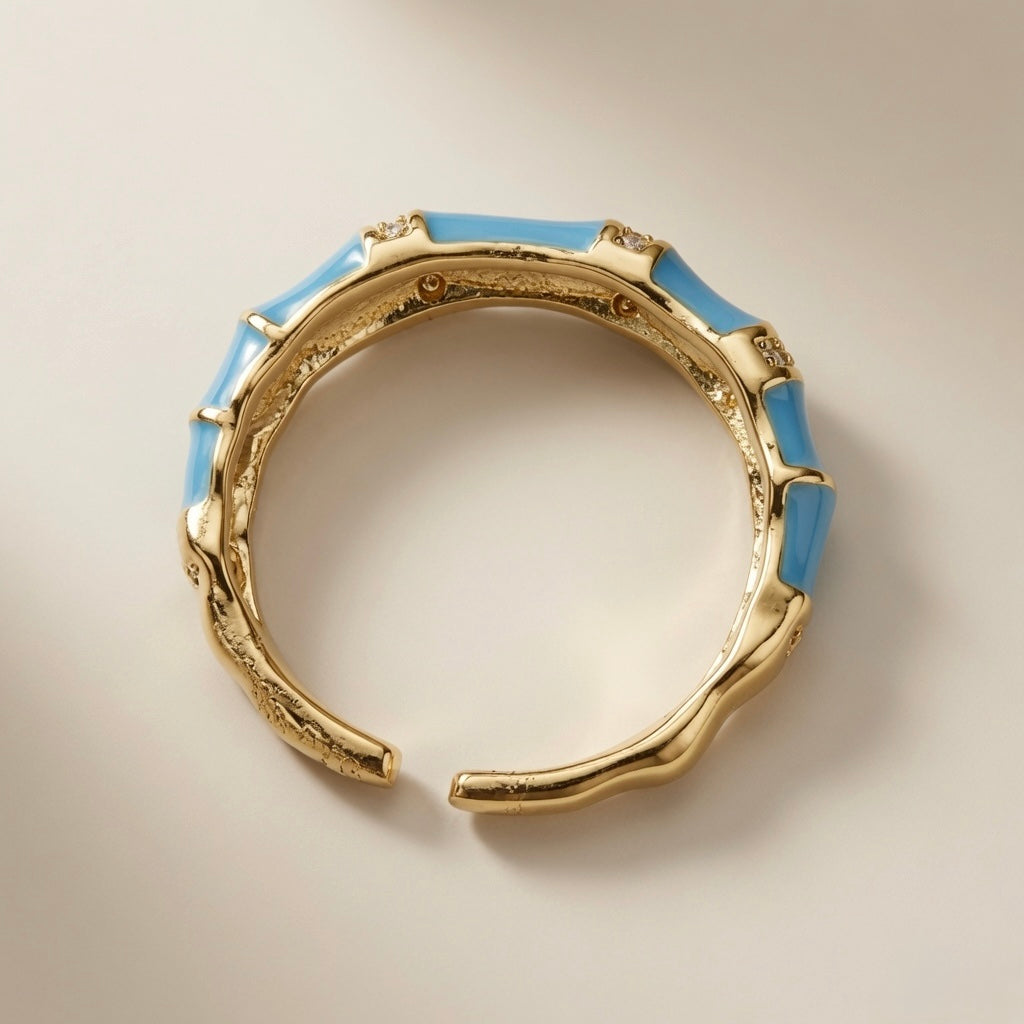 Azure Bamboo Enamel Ring - top-down view showing open back and textured gold interior