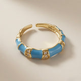 Azure Bamboo Enamel Ring - angled front view showing full bamboo form and pavé crystal connectors