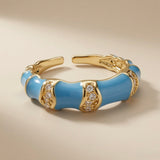 Azure Bamboo Enamel Ring - side angle showing open back adjustable band and crystal detail