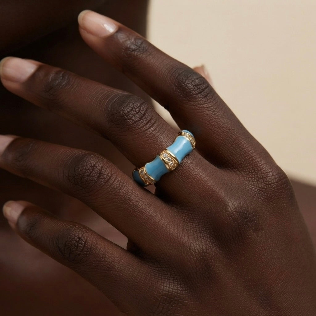 Azure Bamboo Enamel Ring - worn on dark skin model hand close-up editorial shot
