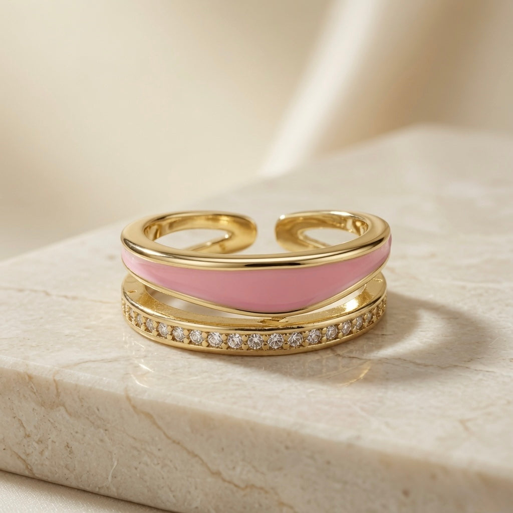 Rose Duo Stack Ring - front view on marble showing pink enamel upper band and pavé crystal lower band