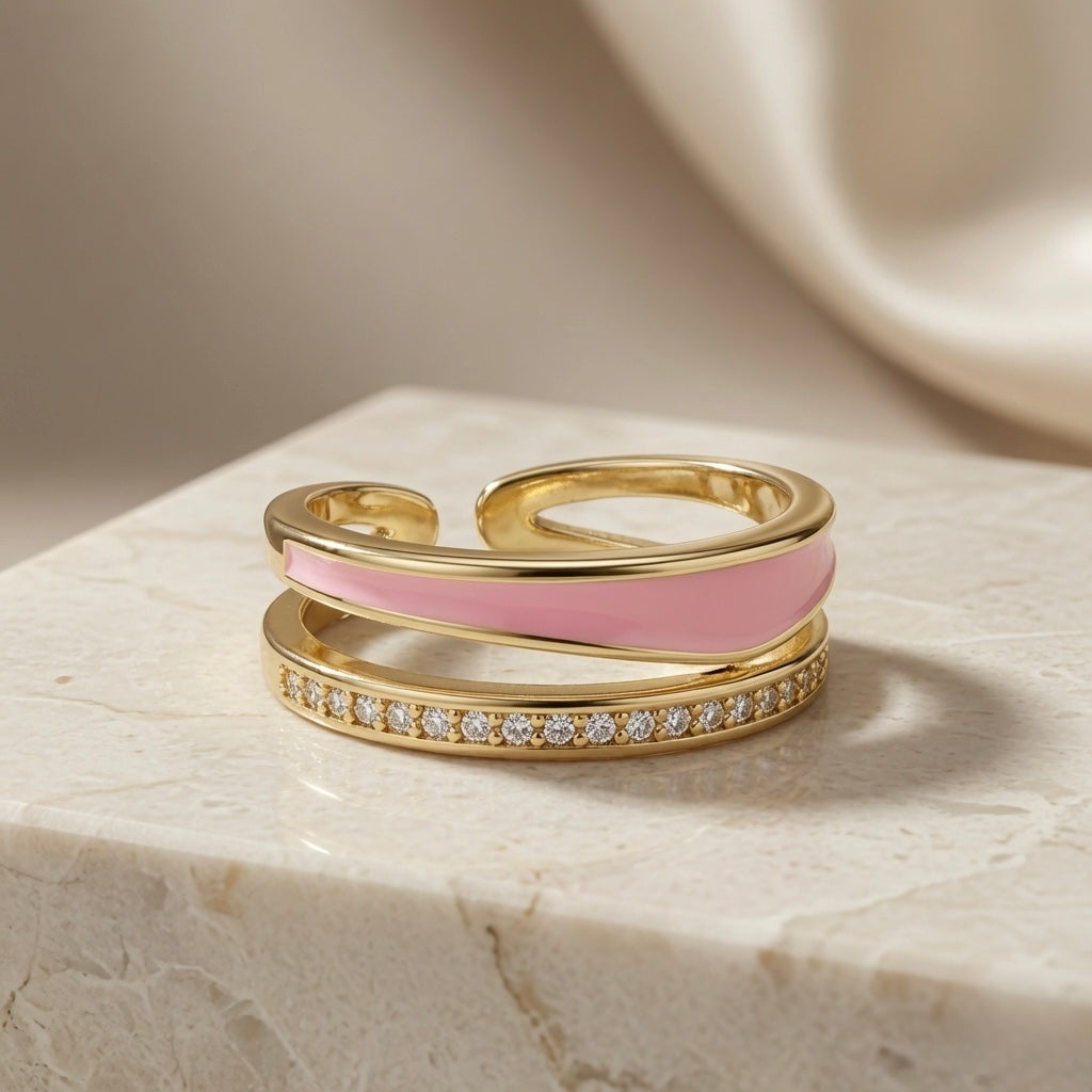Rose Duo Stack Ring - side angle on marble with silk backdrop showing double band profile