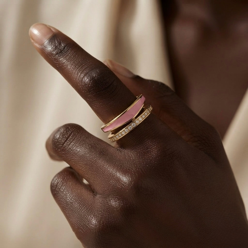 Rose Duo Stack Ring - worn on dark skin model hand showing blush pink enamel and crystal sparkle