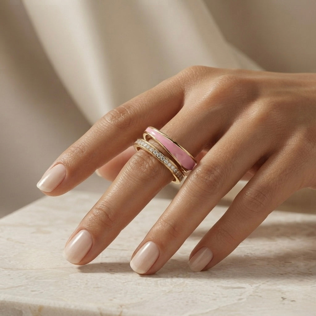 Rose Duo Stack Ring - worn on fair skin model hand editorial shot with silk backdrop