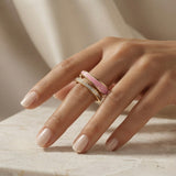 Rose Duo Stack Ring - worn on fair skin model hand editorial shot with silk backdrop