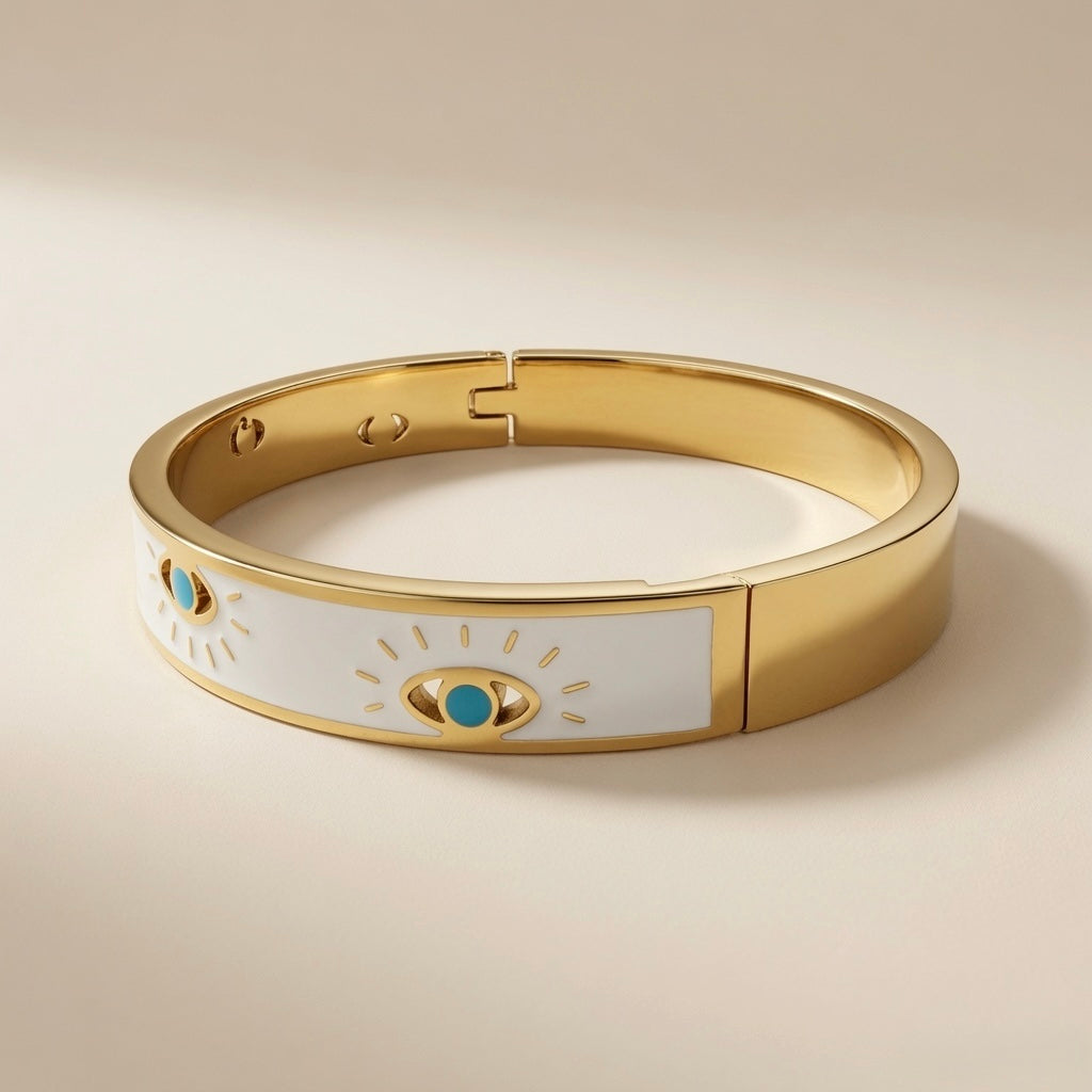 Evil Eye Enamel Bangle - side view showing hinged clasp and gold interior