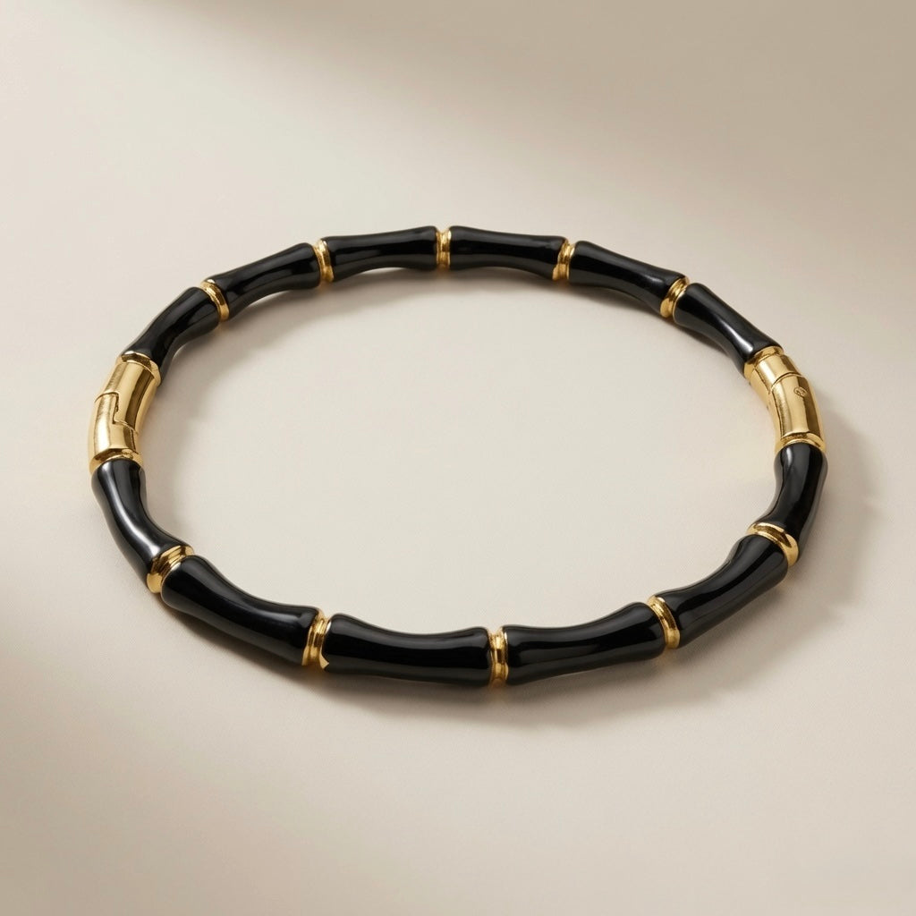 Noir Bamboo Enamel Bangle - elevated flat lay showing full silhouette