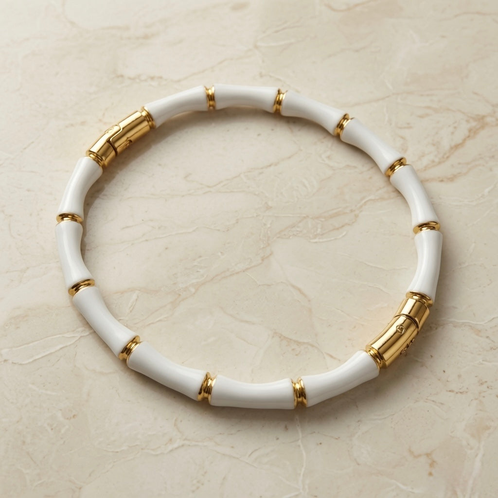 Blanc Bamboo Enamel Bangle - flat lay showing full silhouette on marble