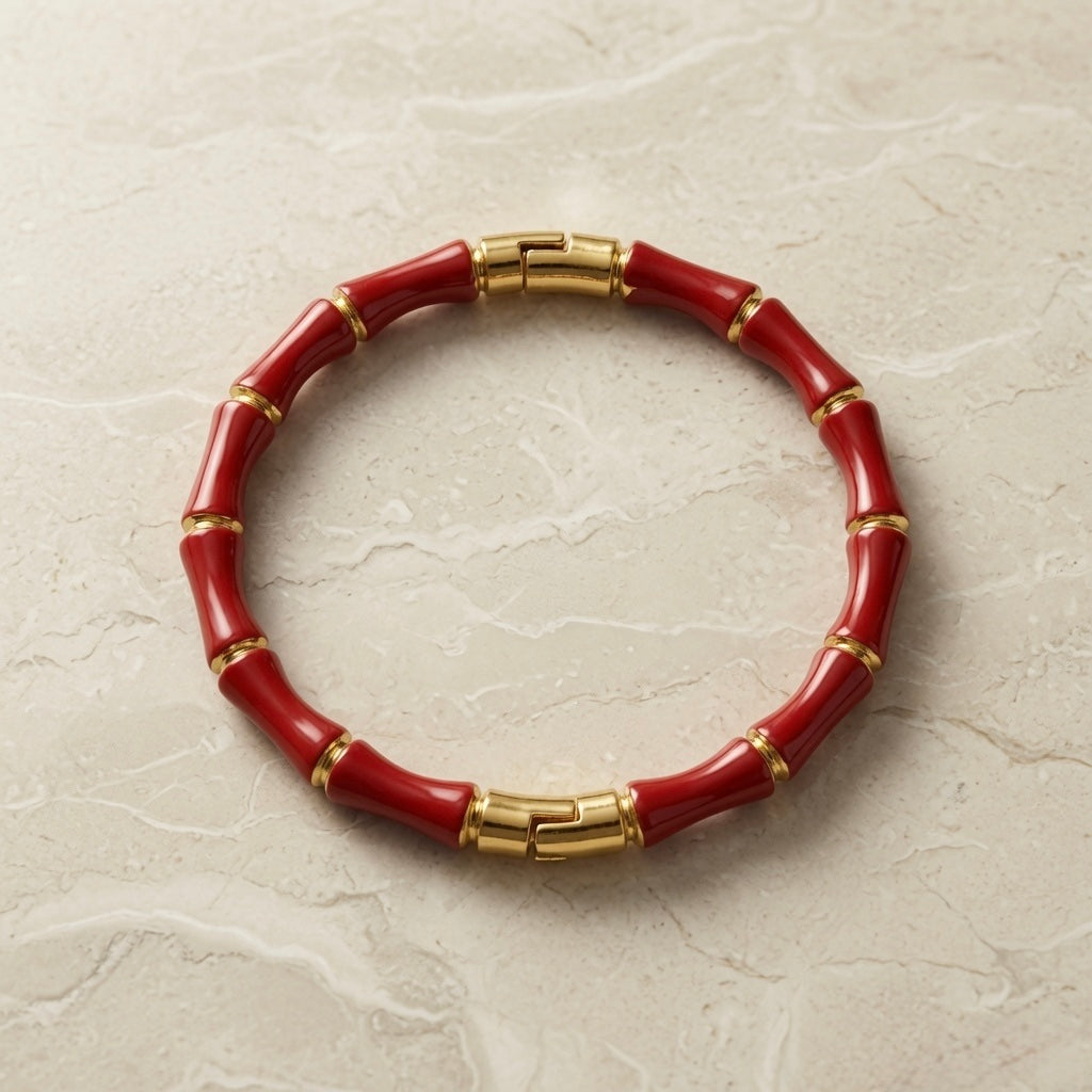 Rouge Bamboo Enamel Bangle - top-down flat lay on marble