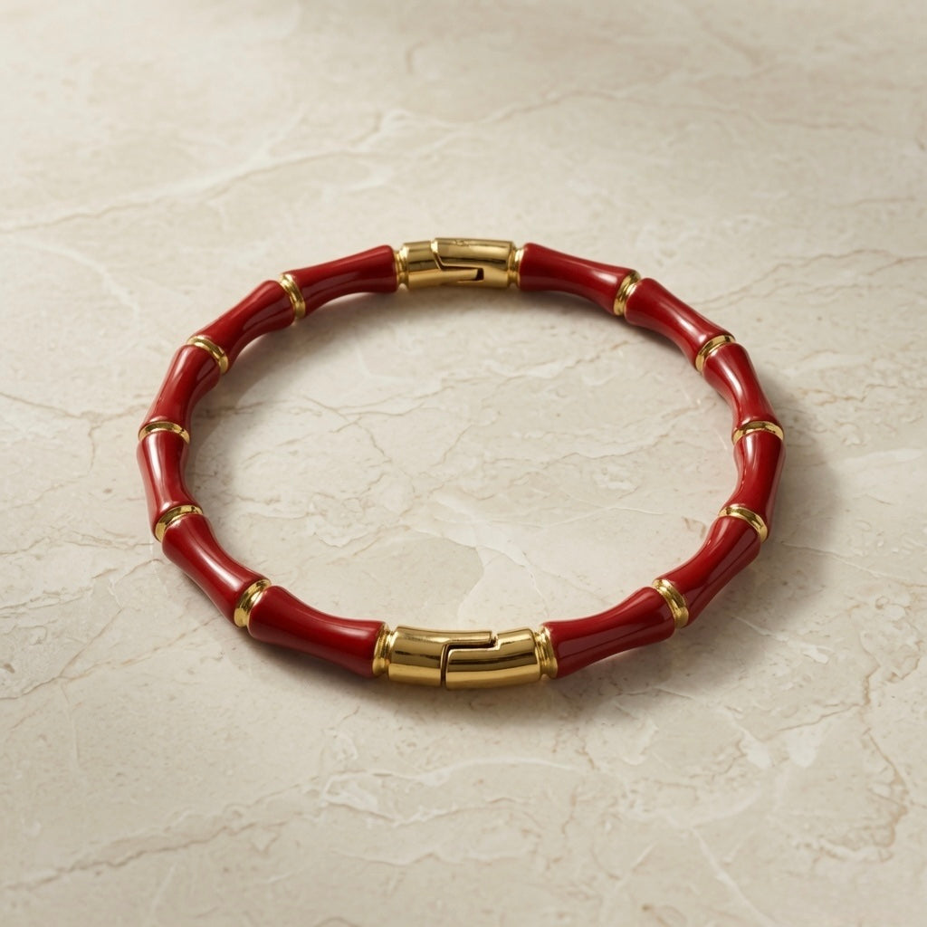 Rouge Bamboo Enamel Bangle - flat lay showing clasp detail on marble