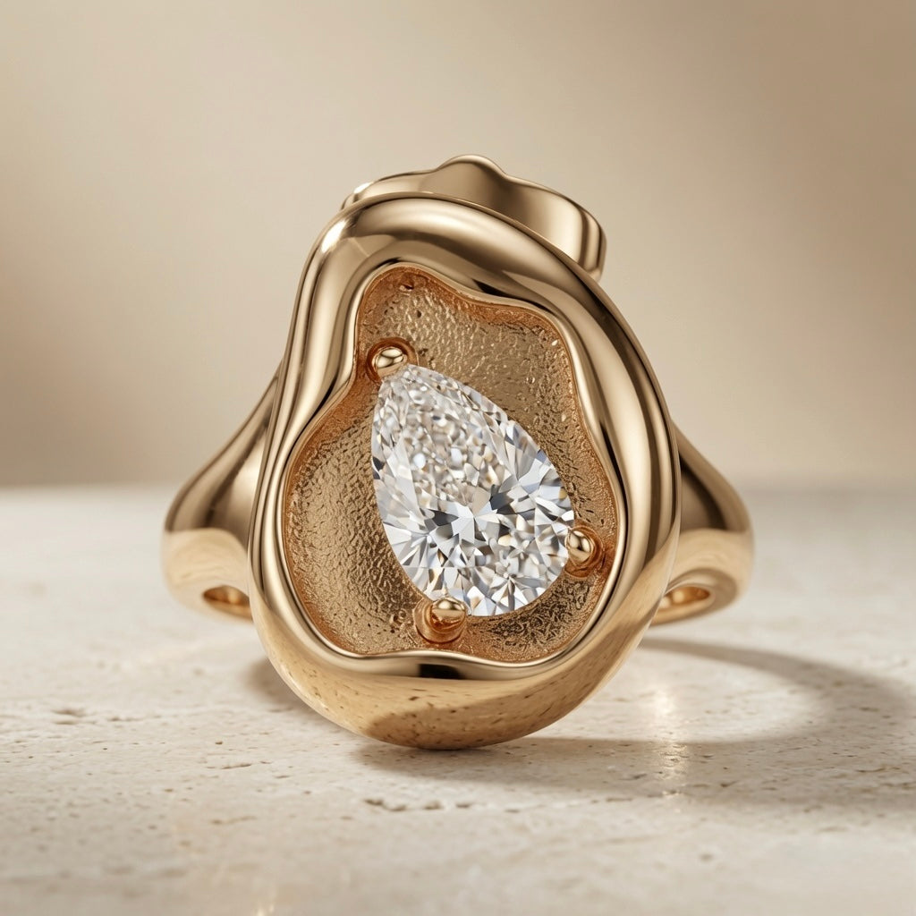Molten Pear Crystal Stud Earrings - top-down view of single stud showing pear crystal and textured gold crater detail