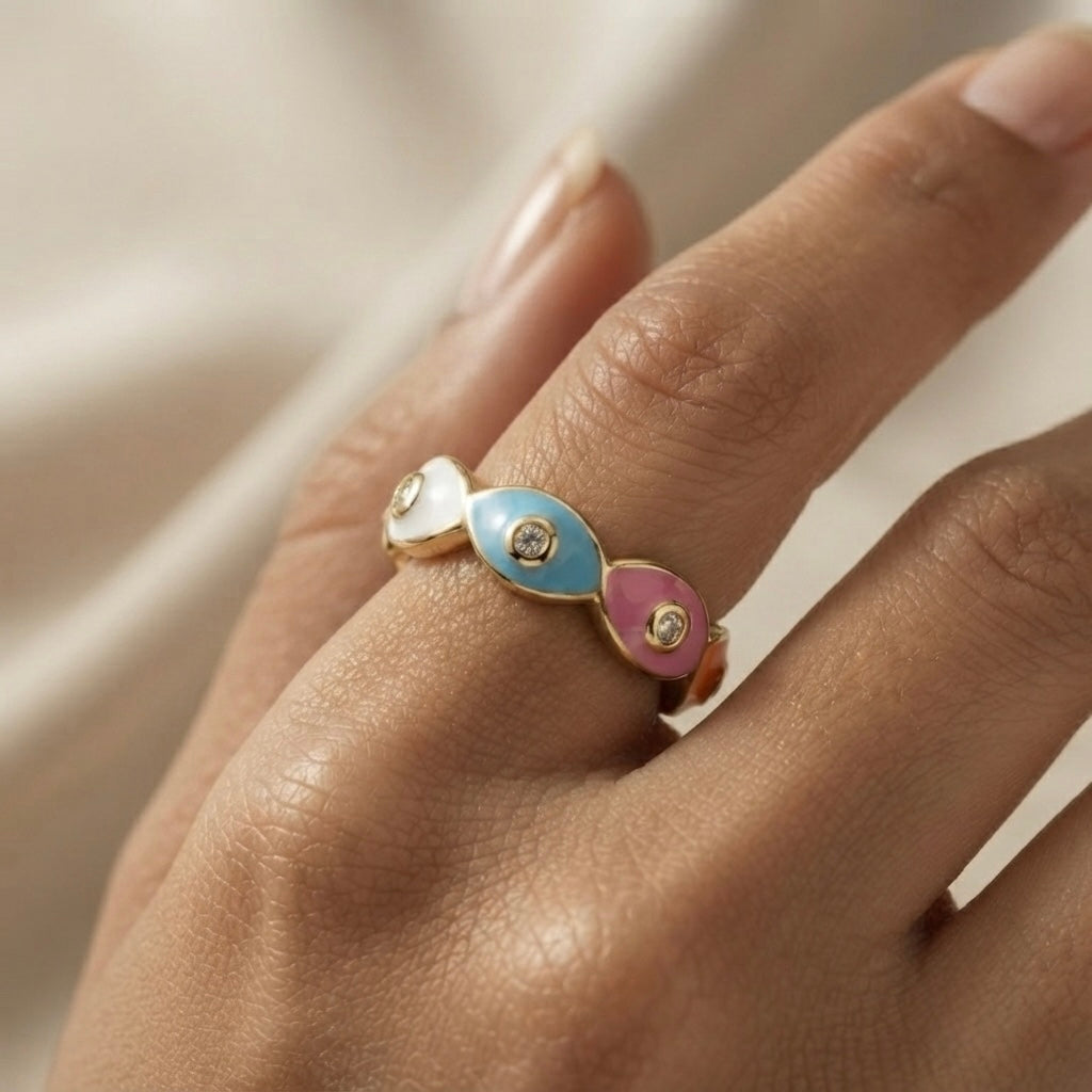 Chromatic Evil Eye Eternity Ring - worn on model hand showing slim stackable profile and multicolour evil eye detail