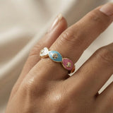 Chromatic Evil Eye Eternity Ring - worn on model hand showing slim stackable profile and multicolour evil eye detail
