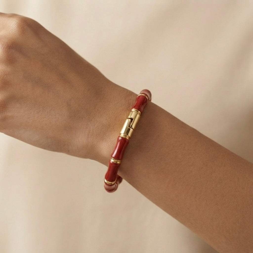 Rouge Bamboo Enamel Bangle - worn on model wrist close-up