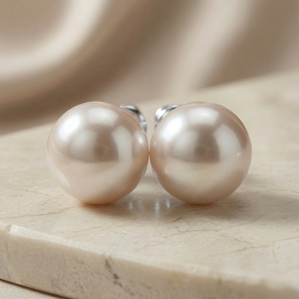 Perle Blush Pearl Stud Earrings Silver - front view pair on marble with silk backdrop showing full blush pearl lustre on silver posts